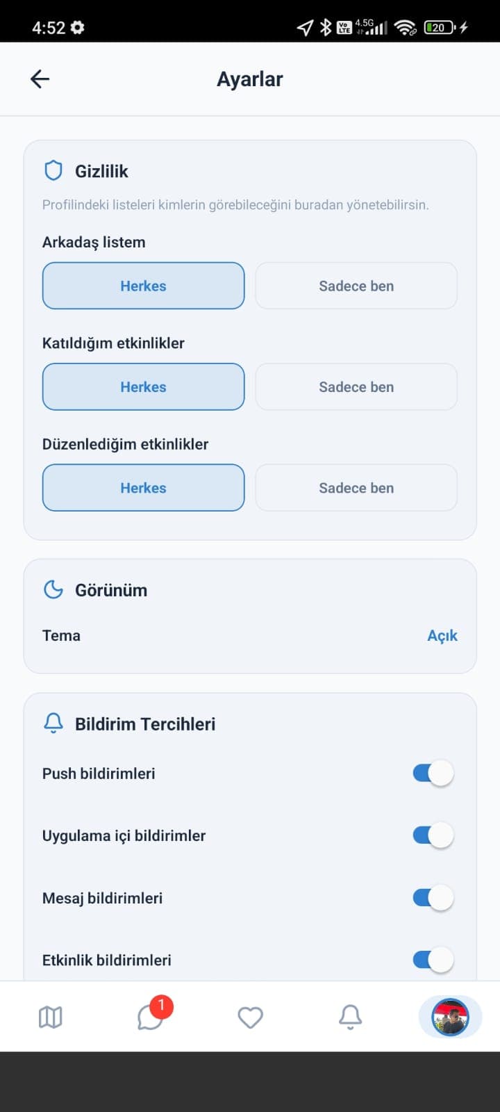 Mevent ayarlar ekranı